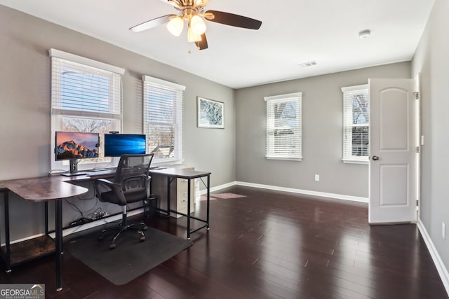 office area with dark hardwood / wood-style floors and ceiling fan