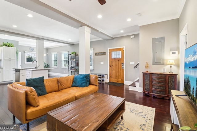 living room featuring dark wood-type flooring, electric panel, sink, and ornate columns