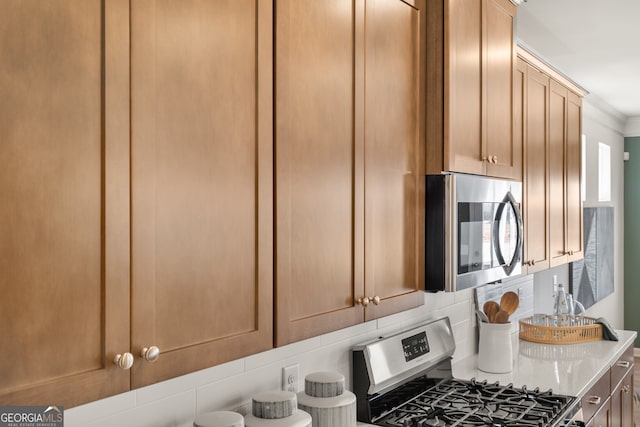 details featuring ornamental molding, stainless steel appliances, and backsplash