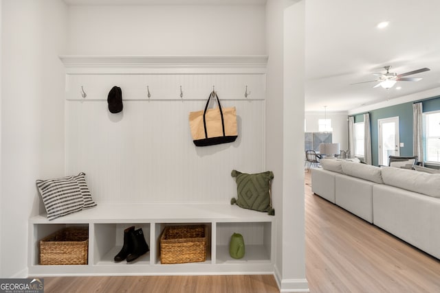 mudroom with wood-type flooring, ornamental molding, and ceiling fan