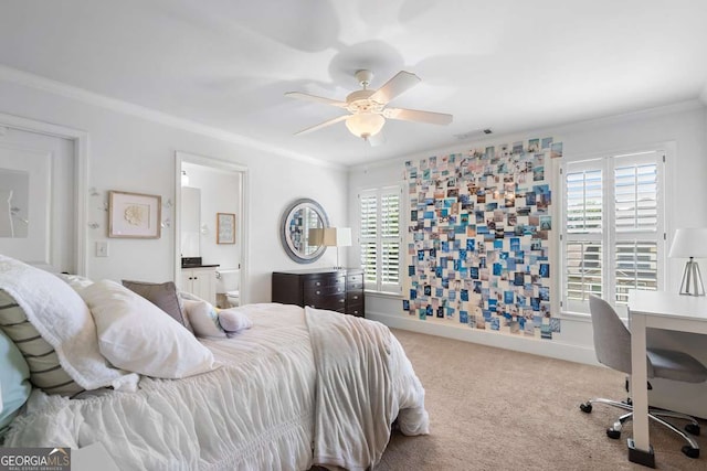 carpeted bedroom featuring multiple windows, crown molding, connected bathroom, and ceiling fan