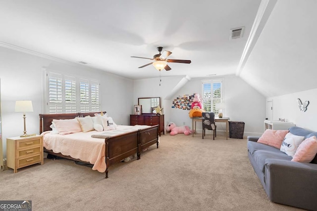 carpeted bedroom featuring lofted ceiling and ceiling fan