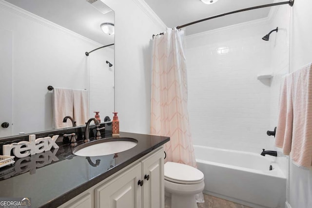 full bathroom featuring shower / tub combo, vanity, ornamental molding, and toilet