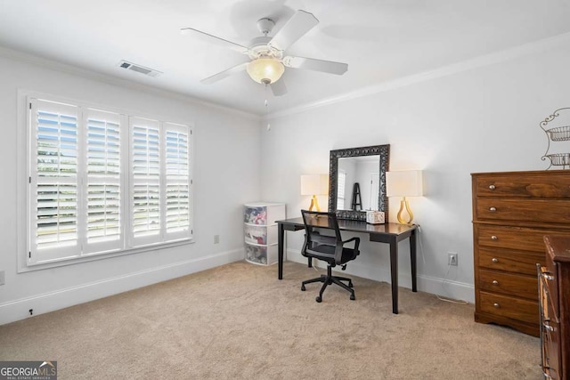 office space with ornamental molding, light carpet, and a wealth of natural light