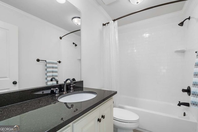 full bathroom with ornamental molding, toilet, vanity, and shower / bath combo