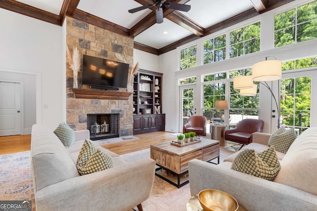 living room featuring a fireplace, a high ceiling, and light wood-type flooring