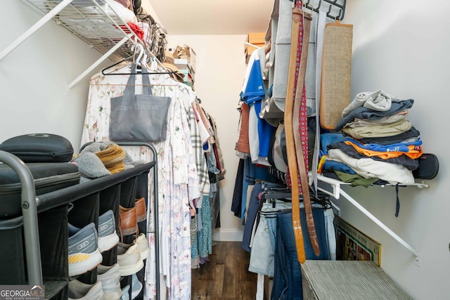 walk in closet with dark hardwood / wood-style floors