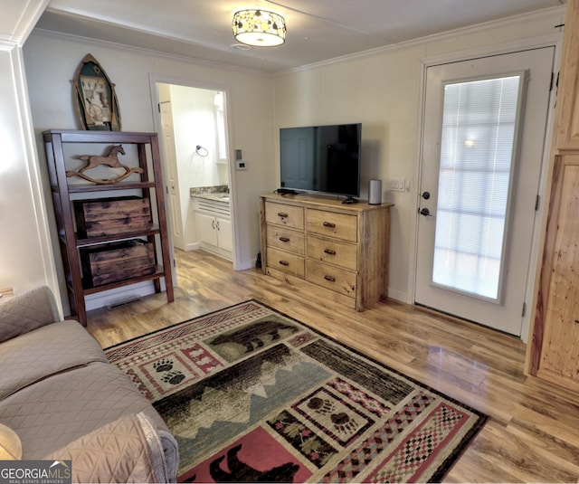 living room featuring ornamental molding and light wood-type flooring