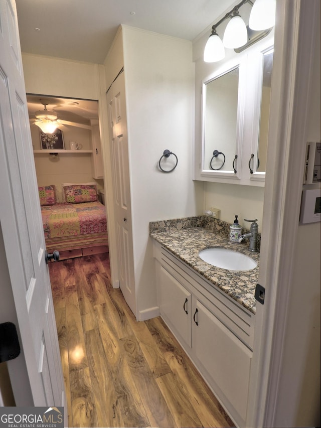 bathroom with a ceiling fan, ensuite bathroom, wood finished floors, and vanity