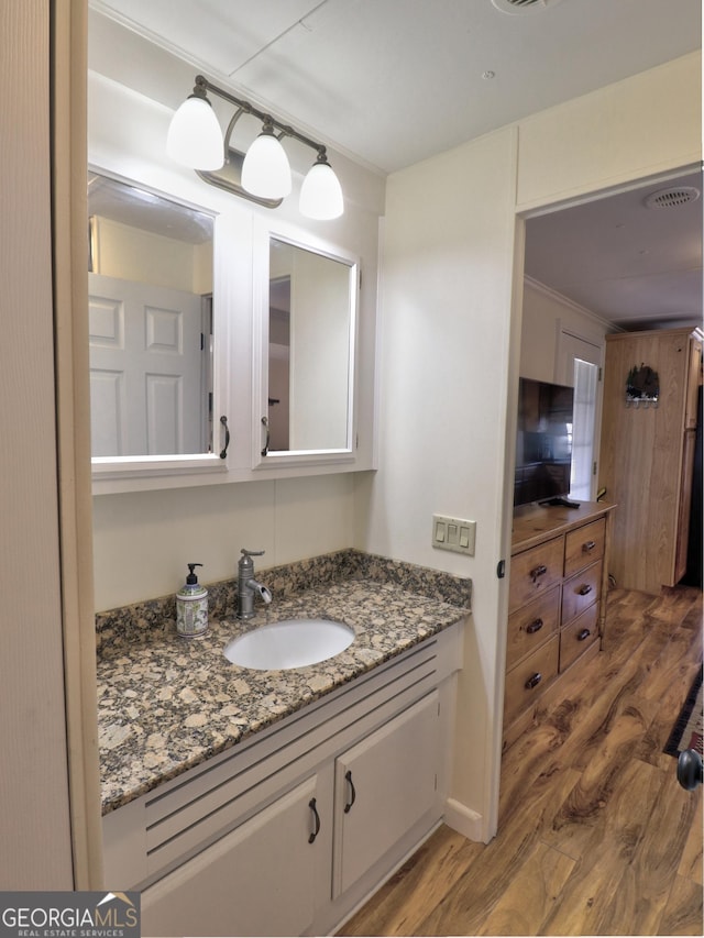 bathroom featuring wood finished floors and vanity