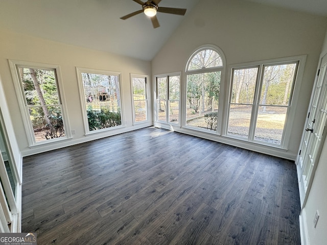 unfurnished sunroom with ceiling fan and lofted ceiling