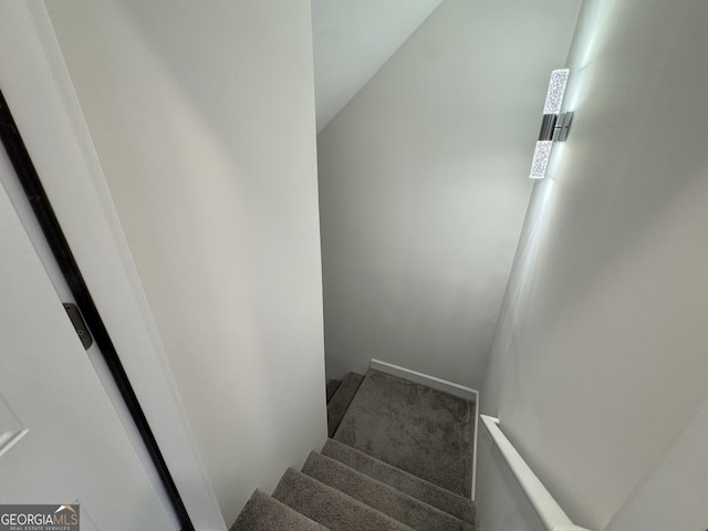 stairway featuring carpet