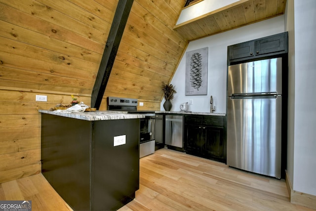 kitchen with dark cabinetry, stainless steel appliances, light wood finished floors, wood ceiling, and vaulted ceiling