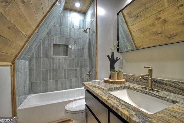 bathroom featuring wood ceiling, vanity, toilet, and shower / tub combination