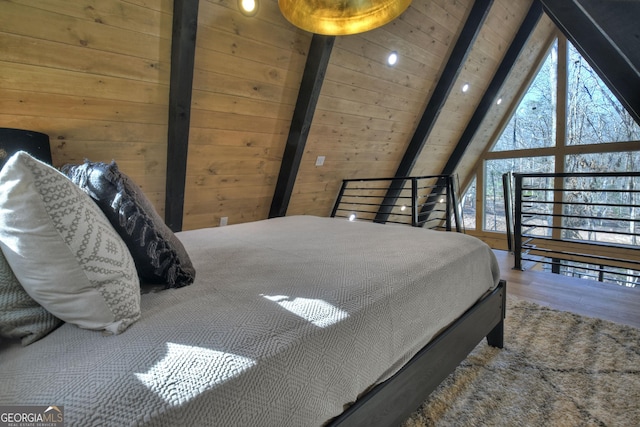 bedroom with wood finished floors, high vaulted ceiling, wood ceiling, wood walls, and beamed ceiling