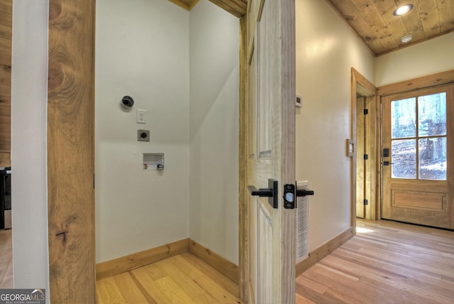 interior space with recessed lighting, wood ceiling, light wood-type flooring, and baseboards