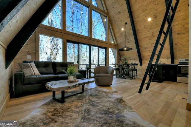 living area featuring lofted ceiling, wood finished floors, wooden ceiling, and wood walls