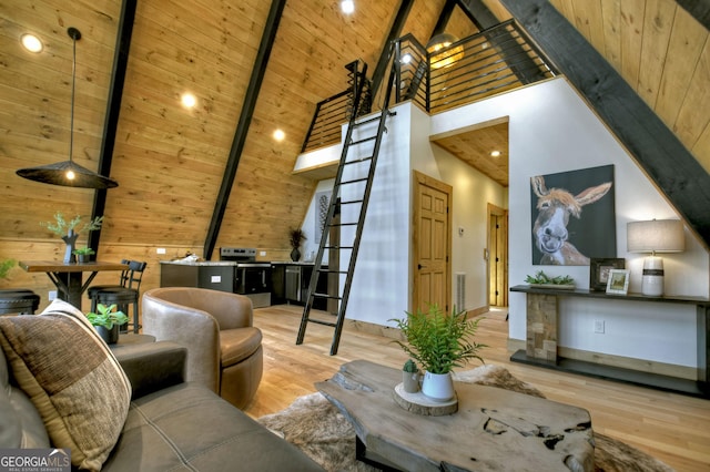 living room featuring visible vents, wood ceiling, beam ceiling, wood finished floors, and high vaulted ceiling