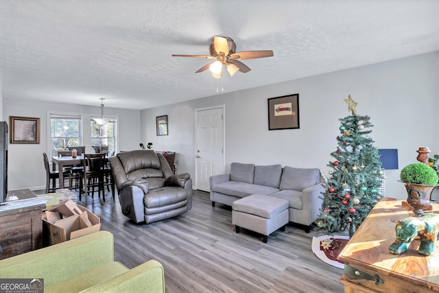 living room featuring ceiling fan, light hardwood / wood-style floors, and a textured ceiling