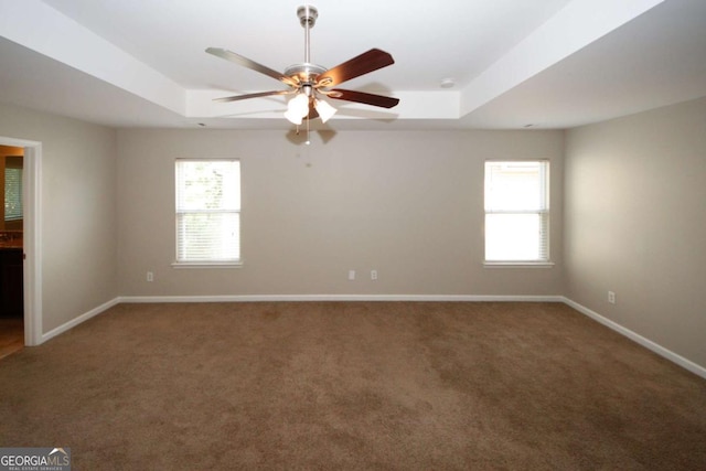 unfurnished room featuring a raised ceiling, a healthy amount of sunlight, ceiling fan, and carpet flooring