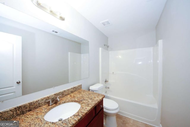 full bathroom featuring shower / washtub combination, vanity, and toilet