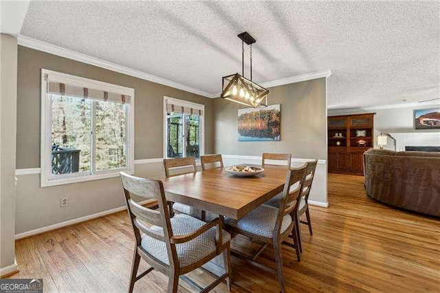 dining area with baseboards, a textured ceiling, wood finished floors, and crown molding