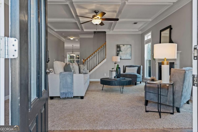 carpeted living room with coffered ceiling, ceiling fan with notable chandelier, beam ceiling, and ornamental molding