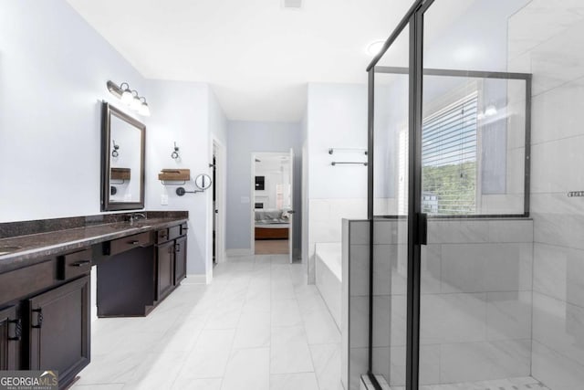 bathroom featuring vanity and plus walk in shower