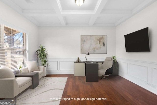 office with beamed ceiling, coffered ceiling, and dark hardwood / wood-style flooring