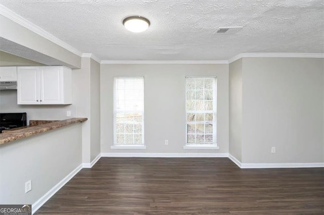 unfurnished dining area with ornamental molding, dark hardwood / wood-style floors, and a textured ceiling