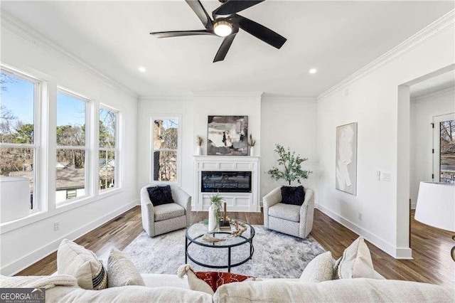 living room with hardwood / wood-style flooring, ornamental molding, and ceiling fan