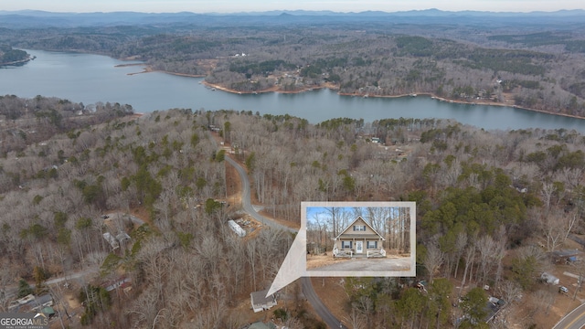 drone / aerial view featuring a water and mountain view