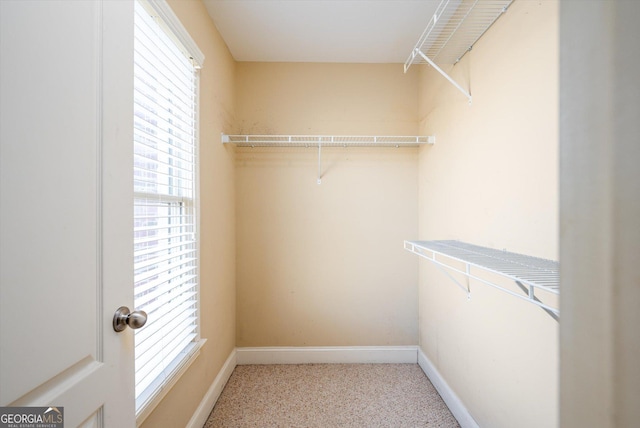 walk in closet with light colored carpet