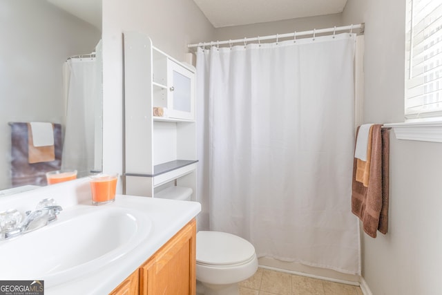 full bathroom with vanity, toilet, and a shower with curtain