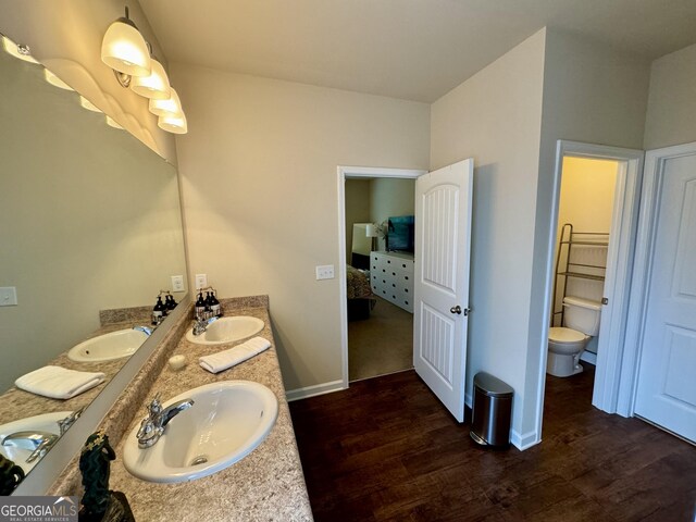 bathroom with vanity, toilet, and hardwood / wood-style floors