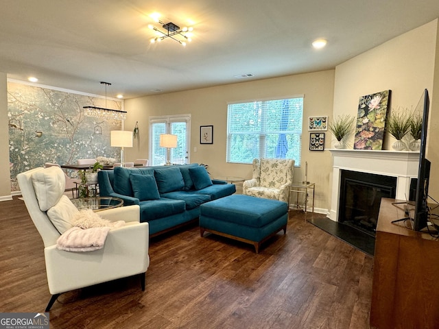 living room featuring dark wood-type flooring