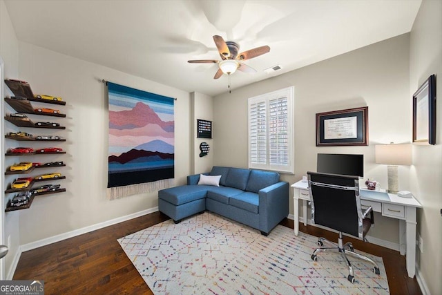 office area with ceiling fan and hardwood / wood-style floors