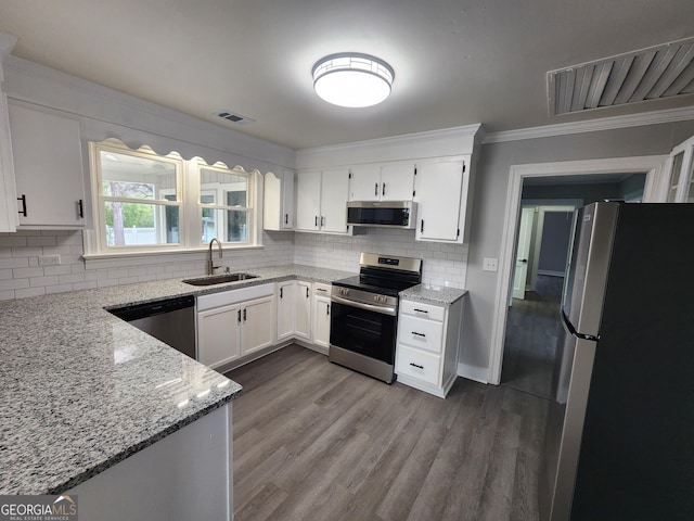 kitchen with white cabinetry, sink, light stone counters, stainless steel appliances, and crown molding