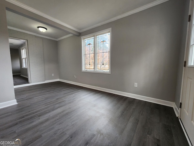 unfurnished room with ornamental molding and dark wood-type flooring