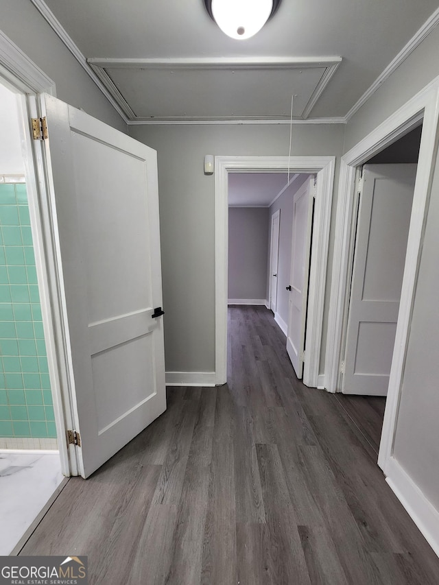 hallway featuring ornamental molding and dark hardwood / wood-style flooring