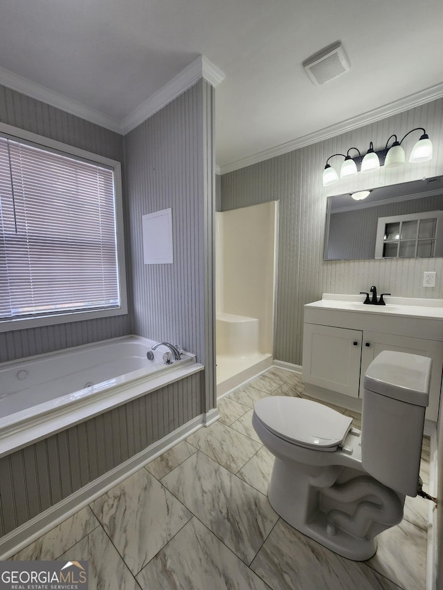 full bathroom featuring crown molding, vanity, toilet, and plus walk in shower