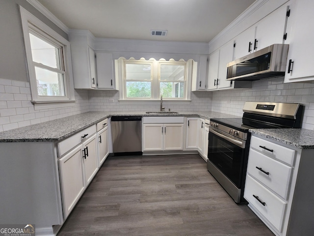 kitchen with white cabinetry, sink, light stone counters, and stainless steel appliances