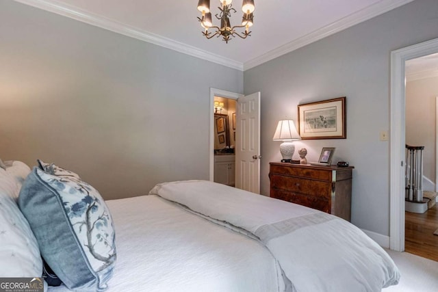 bedroom featuring an inviting chandelier and crown molding