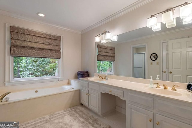 bathroom featuring vanity, a bath, crown molding, and tile patterned flooring