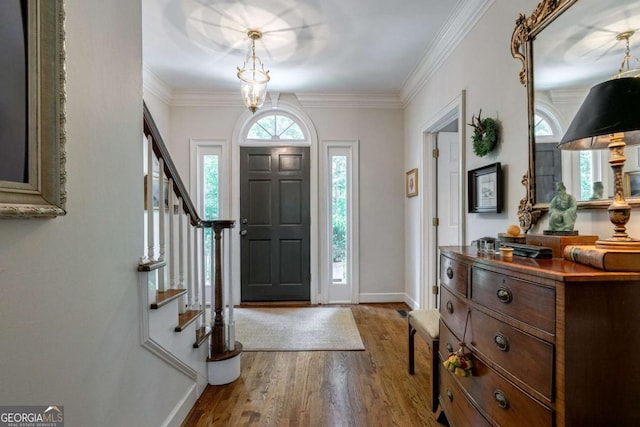 foyer featuring crown molding and hardwood / wood-style floors