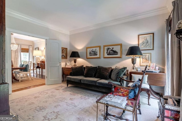 living room featuring crown molding and carpet floors