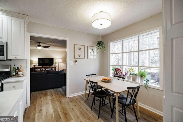 dining room with a textured ceiling and light wood-type flooring