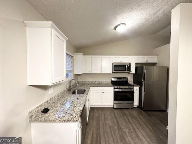 kitchen featuring sink, appliances with stainless steel finishes, white cabinetry, light stone counters, and dark hardwood / wood-style flooring