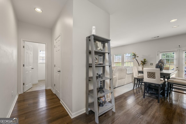 interior space with dark wood-type flooring