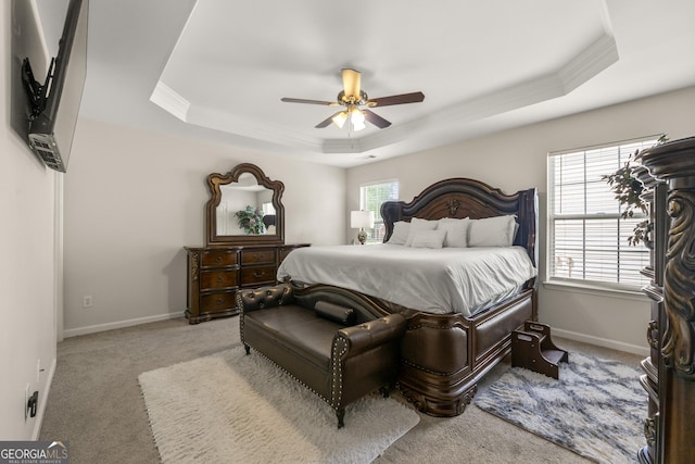 bedroom featuring multiple windows, light carpet, and a tray ceiling